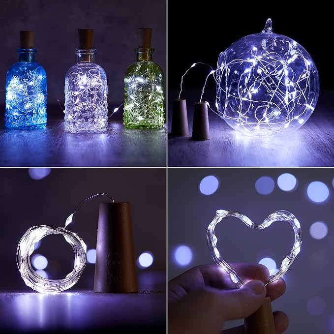 Brightown 10 Pack Wine Bottle Lights with Cork, White | 20 LED on 7ft Sliver Wire, Battery Operated Cork Lights, Lovely for Liquor Bottles DIY Party Christmas Wedding Décor