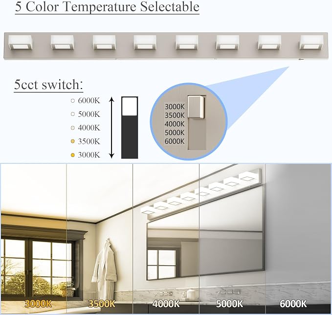 Ralbay 52inch Brushed Nickel Vanity Lights 8 Lights Dimmable 5 Color Temperature Acrylic Modern LED Bathroom Vanity Lighting Fixtures Brushed Nickel
