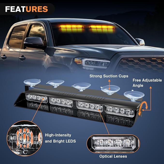 Nilight 32LED Amber Emergency Dash Strobe Lights w/Controller Suction Cups | Warning Hazard Interior Front/Rear Windshield Deck Split Light Bar for Trucks Construction Vehicles