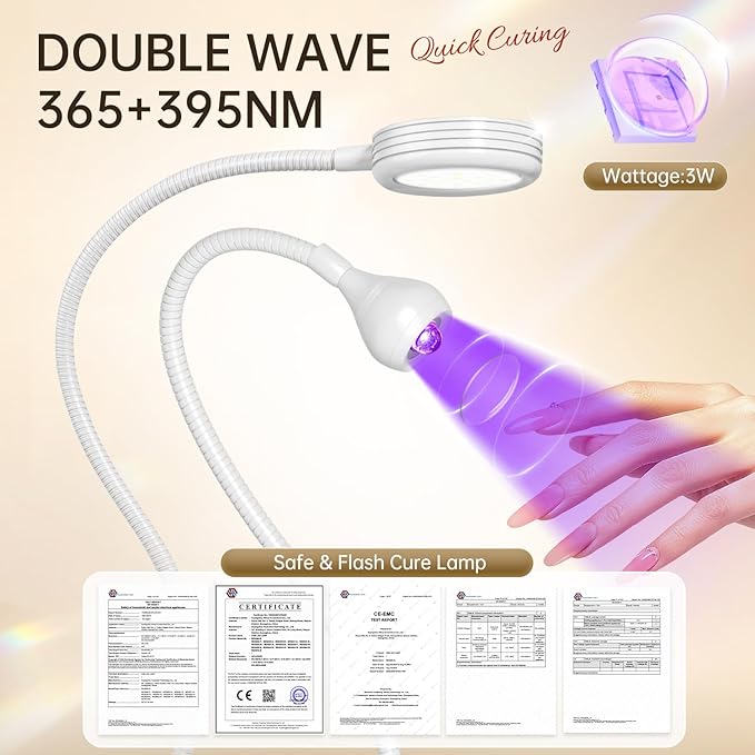 AORAEM LED Nail Lamp Double-Headed UV LED Light Quicky-Dry Duck Neck UV Lamp Dryer Curing Light with Portable Gooseneck and Clamp Flash Cure U V Light for Gel Nails Professional Home DIY Salon White