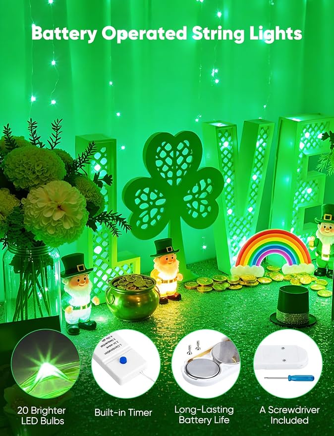 Minetom 12 Pack Green Christmas Lights, St Patricks Day Lights, 7ft 20 LED Fairy Lights Battery Operated String Lights, St Patricks Day Decorations, 8 Modes Waterproof Silver Wire Twinkle Lights
