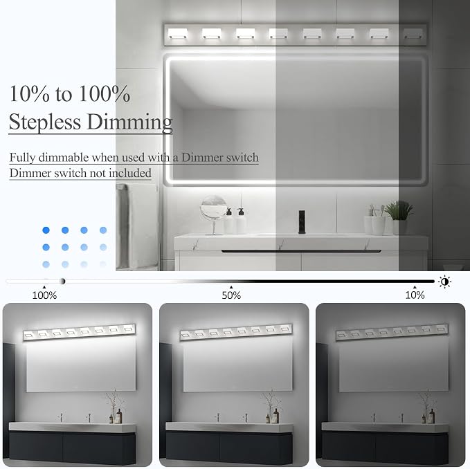 Ralbay 52inch Brushed Nickel Vanity Lights 8 Lights Dimmable 5 Color Temperature Acrylic Modern LED Bathroom Vanity Lighting Fixtures Brushed Nickel