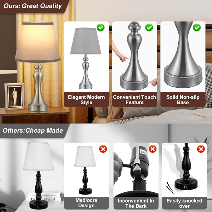 Touch Lamps for Nightstand, 3 Way Dimmable Bedside Lamps with USB C+A Ports | Touch Control, LED Bulb Included, Small Silver Table Lamp for Bedroom, Night Stands, End Table, Gift，Corded，Grey Shade
