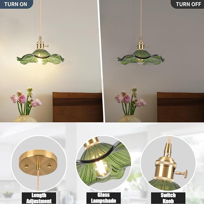 Glass Pendant Light Vintage Light Fixtures,Green Modern Chandelier Pendant,E26 8.8" Adjustable Hanging Light,Pendant Lights Kitchen Island for Entryway Dining Room 1 Light