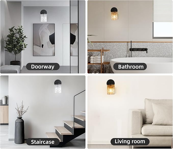 1-Light Modern Matte Black Crystal Wall Sconce, Hardwired Indoor Bathroom Vanity Light Fixture, Crystal Over Mirror Wall Lamp for Living Room, Bedroom, Hallway