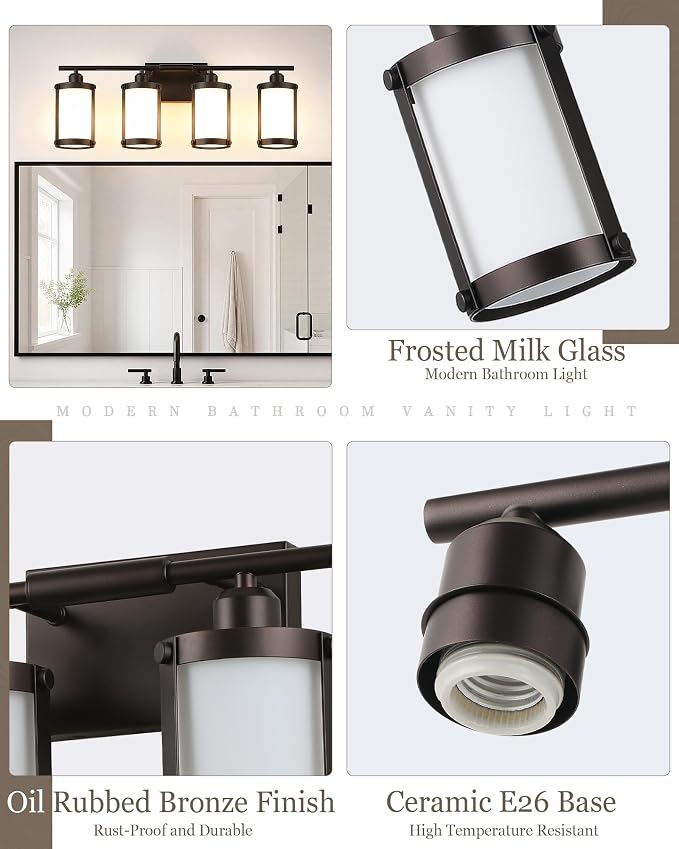 4-Light Oil Rubbed Bronze Bathroom Light Fixtures Over Mirror with Frosted Milk Glass and Metal Cage Shade, 29" UL-Listed Modern Farmhouse Wall Sconce for Bath, Hardwire E26, OS-3014ORBW-4W