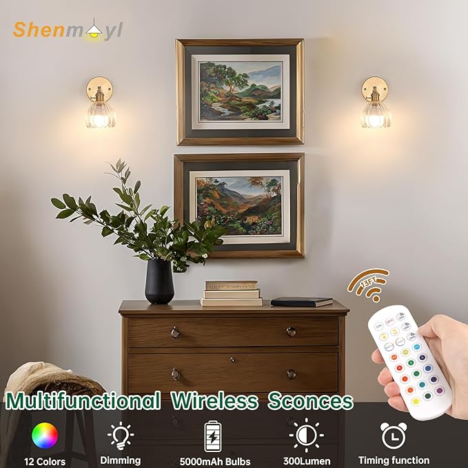 Vintage Battery Operated Wall Sconce with Clear Tulip Glass Lampshade 5000 mAh Rechargeable Battery Powered Wall Light with Remote Control for Bedside Bedroom Doorway, Set of 2