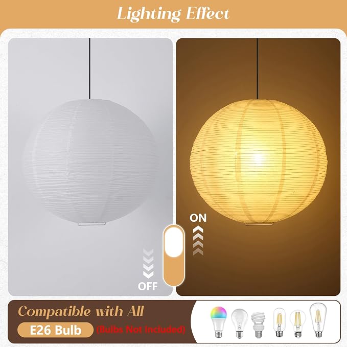 Plug in Pendant Light, 19.7“ Paper Lantern with 14.5ft Cord | Hanging Lamp Plug in, Lantern Lamp for Bedroom Living Room Dining Room, No Hard Wiring Needed, E26 Bulb Base
