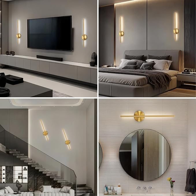 TBattery Operated Wall Sconces Set of Two, Wireless Wall Sconces 24 Inch | Rechargeable, Remote Control, Dimmable, 360°Rotate, Cordless Wall Light Decor for Living Room, Hallway, Timing, Gold