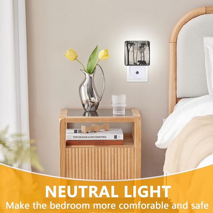 Bear Pine Tree Black Night Light, Plug-into Foggy Forest Nightlight White LED Lamp, Energy Efficient Decor Desk Lamp for Bedroom Hallway Stairs Bathroom
