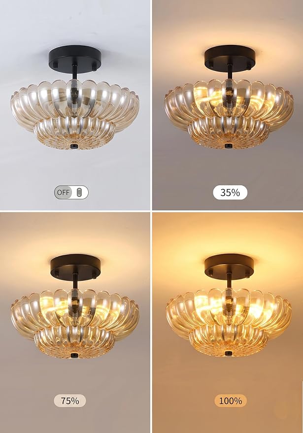 Semi Flush Mount Ceiling Light, Vintage Black Close to Ceiling Light Fixture with Glass Shade, Mid Century Modern Lighting for Bedroom Hallway Kitchen Laundry-Amber