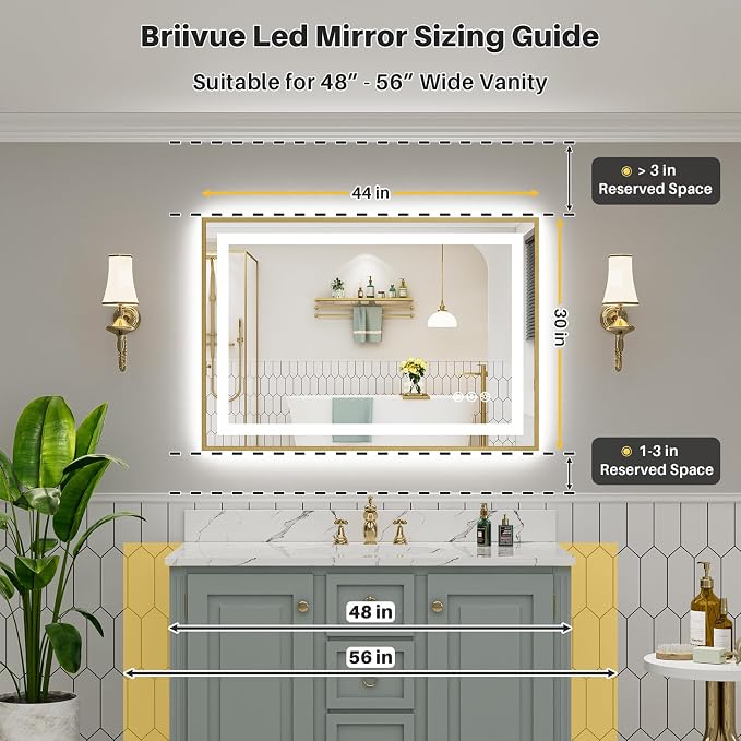 44x30 Inch LED Bathroom Mirror with Gold Frame, Backlit & Front Lit | Anti-fog, 3 Color Dimmable, Memory Function, HD Reflection Tempered Glass, ETL Listed, IP54 Waterproof