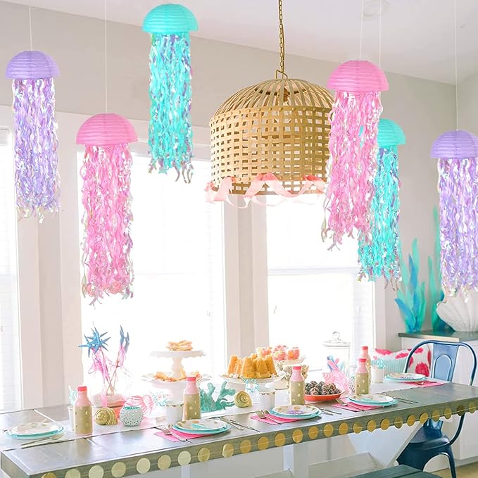ADLKGG Hanging Jelly Fish Paper Lanterns, Pink Purple Blue Gradient Colorful Paper Lanterns for Mermaid Theme Birthday Party Under The Sea Ocean Baby Shower Indoor Outdoor Decorations