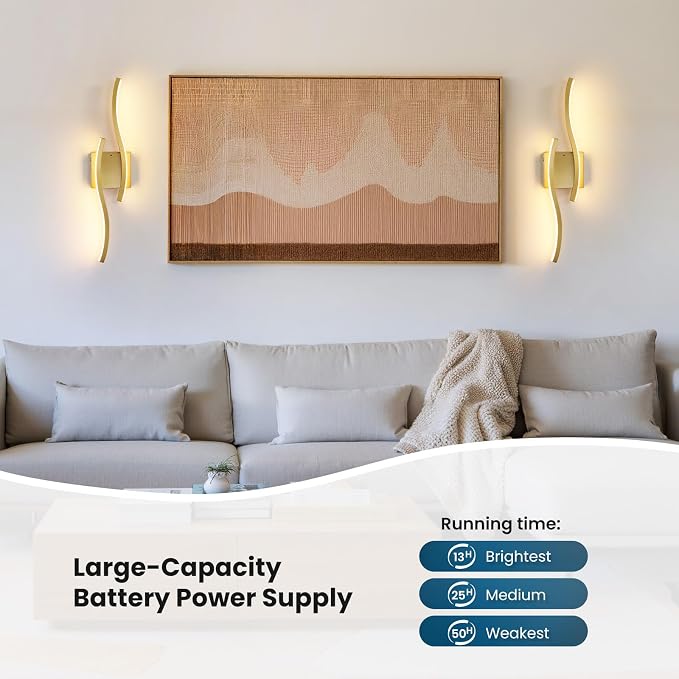Gold Battery Operated Wall Sconces: 23.6 Inch Rechargeable Wall Sconce Set of 2 with Remote Control/3 Colors/10-100% Dimming/Timer, Modern Wall Light for Bedroom Living Room Hallway Bathroom, 2 Pcs