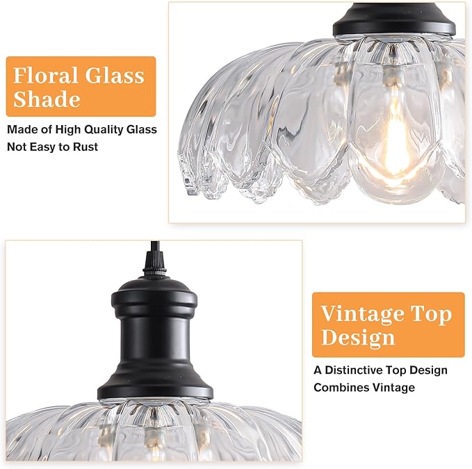 Farmhouse Pendant Light Fixture, Vintage Glass Pendant Light Kitchen Island Over Sink Table, Adjustable Hanging Pendant Lamp for Bedroom, Dining Room, Living Room, Bathroom
