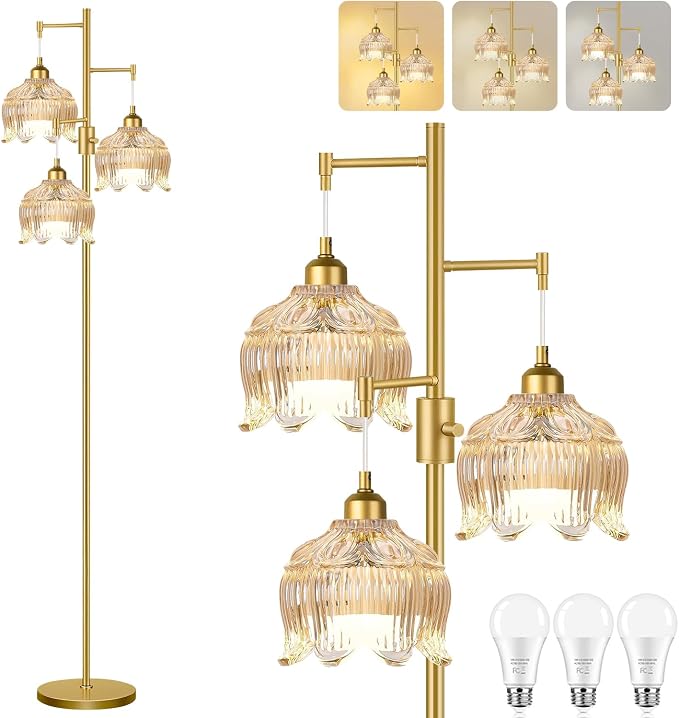 ZECOXOL Gold Floor Lamps for Living Room Bedroom-3 Light Glass Floor Lamp with Three Led Bulb,Mid Century Standing Lamp Vintage Brass Tall Lamp Tree Floor Lamp