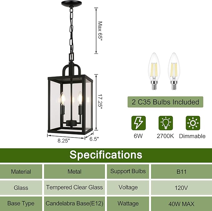 Large Outdoor Indoor Pendant Light 2-Light, Modern Black Metal Outside Chandelier Exterior Hanging Fixture Ceiling Mount with Clear Glass Shade for Front Porch Entrance Foyer Entryway (Bulb Included)