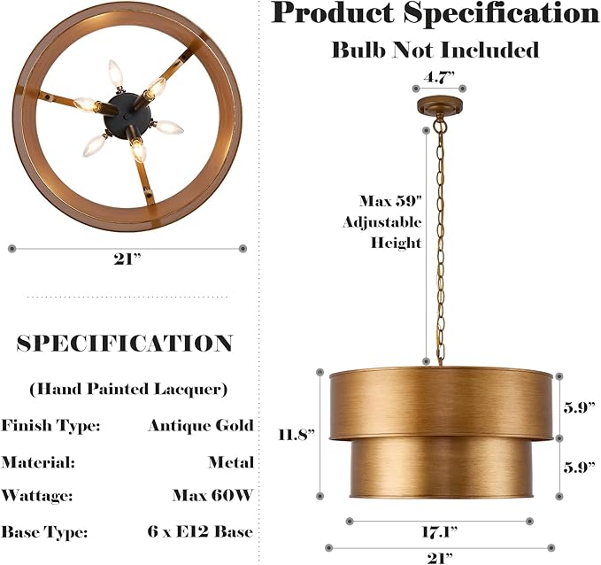 Gold Chandelier Light Fixture, 21" Drum Chandeliers with 2-Layer Antique Bronze Metal Shade, 6-Lights Large Pendant Light Fixture, Chandeliers for Dining Room Bedroom Living Room Kitchen Island Foyer