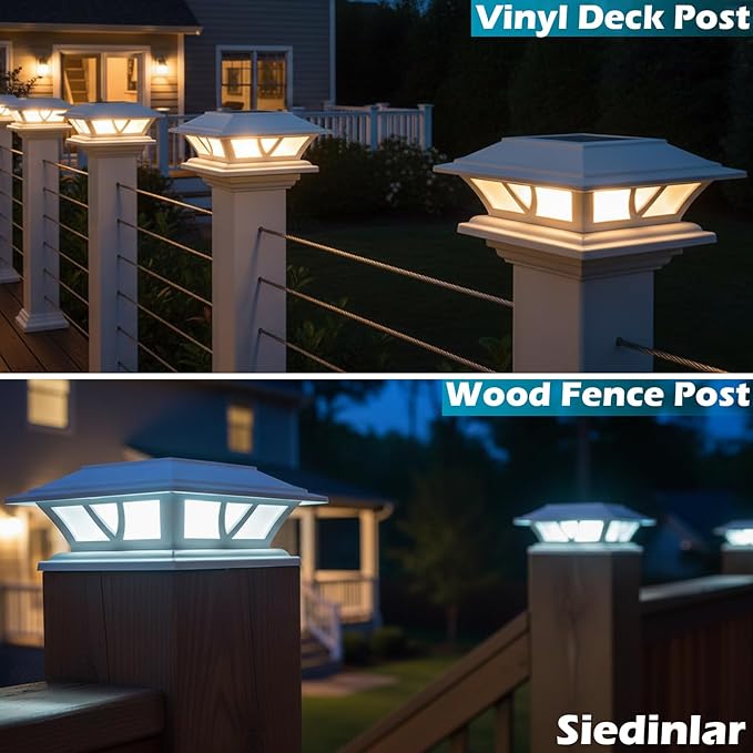 SIEDiNLAR Solar Post Lights Outdoor 2 Modes LED Fence Deck Cap Light for 4x4 5x5 6x6 Posts Garden Patio Decoration Warm White/Cool White Lighting White (8 Pack)