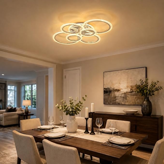 Garwarm Modern LED Flush Mount Ceiling Light with Remote, 6 Ring Chrome | 76W Dimmable LED Ceiling Fixture,3000K-6000K Adjustable Lighting for Low Ceiling Living Room, Dining Room ,Kitchen,Bedroom