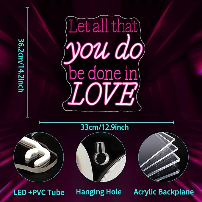 Neon Signs for Wall Decor, JGHTURIE Let All That You Do Be Done in Love Neon Sign LED Wall Light up USB Powered Home Signs for Party Club Event Decoration