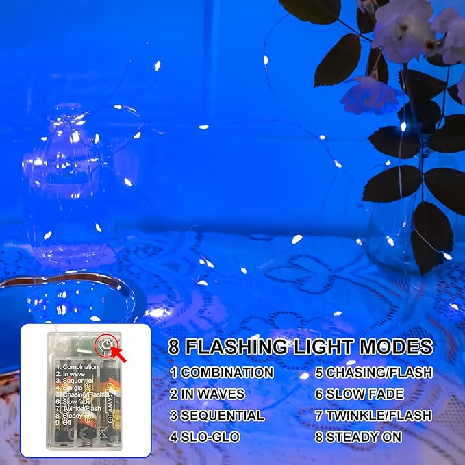 Blue Fairy Lights Battery Operated (Included), 8 Modes & Auto Timer, 2 Packs 5m 50Led Mini Twinkle Silver Wire Firefly Starry Lights, Waterproof Battery Operated Lights for Wedding Parties