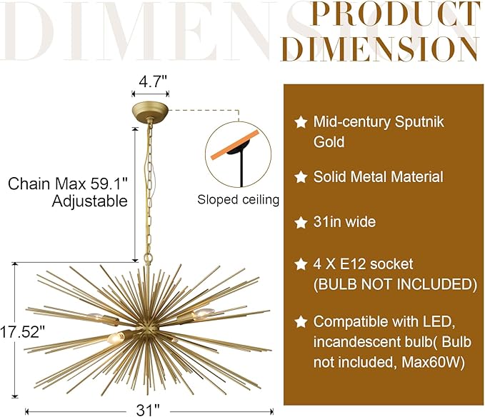 31in Modern Gold Sputnik Chandelier 4-Light Mid-Century Starburst Chandelier Light Fixture Over Table Large Satellite Chandeliers for Dining Room Foyer Entryway Kitchen Bedroom Living Room E12