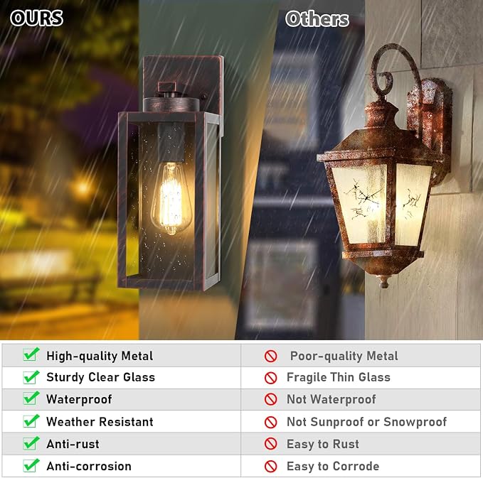 Outdoor Wall Light Fixtures, Outside Porch Lights, Distressed Brown | Waterproof Metal Construction, Rust-resistant, Quick & Easy Installation, Clear Glass Shades & Standard E26 Socket