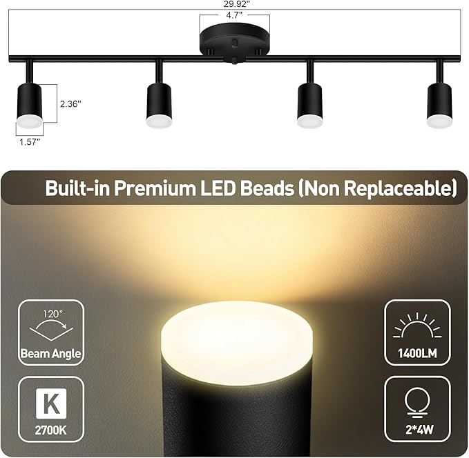 4 Light Track Lighting Fixtures Ceiling, 16W/2700K Black Track Lighting with Acrylic Lampshade & Rotatable Light Heads, 20000hrs Lifespan, Modern LED Track Lights Ceiling for Kitchen/Hallyway