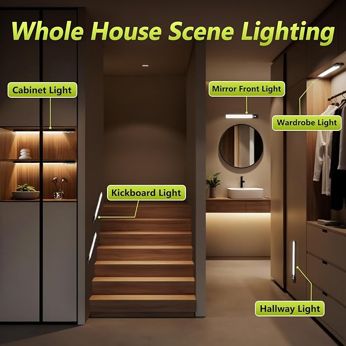 4 Pack 12" Under Cabinet Lights with Digital Display,2200mAh Rechargeable Motion Sensor Light Indoor,3 Color Temperatures, Magnetic Dimmable Closet Lights, Under Counter Light for Kitchen