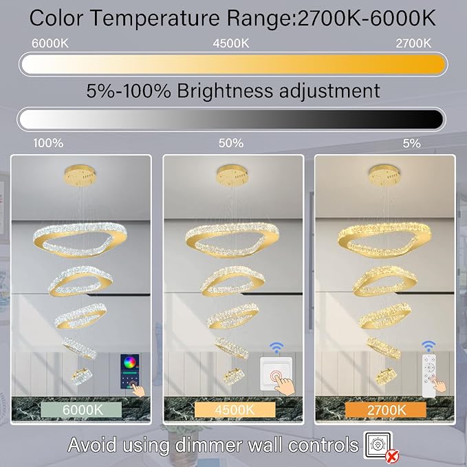 Large Modern Chandeliers 5 Ring Chandelier for High Ceiling Dimmable Gold Chandeliers High Ceiling Foyer Chandelier for Living Room Dining Room Staircase
