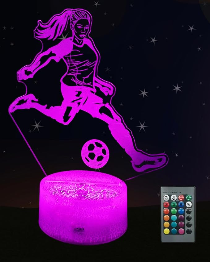 Women Soccer Player 3D Illusion Night Light for Girls Gift | 16 Colors Changing, Dimmable, Touch & Remote Control, Birthday Christmas Lamp For Kid Teen Sports Fan, Bedroom Room Décor