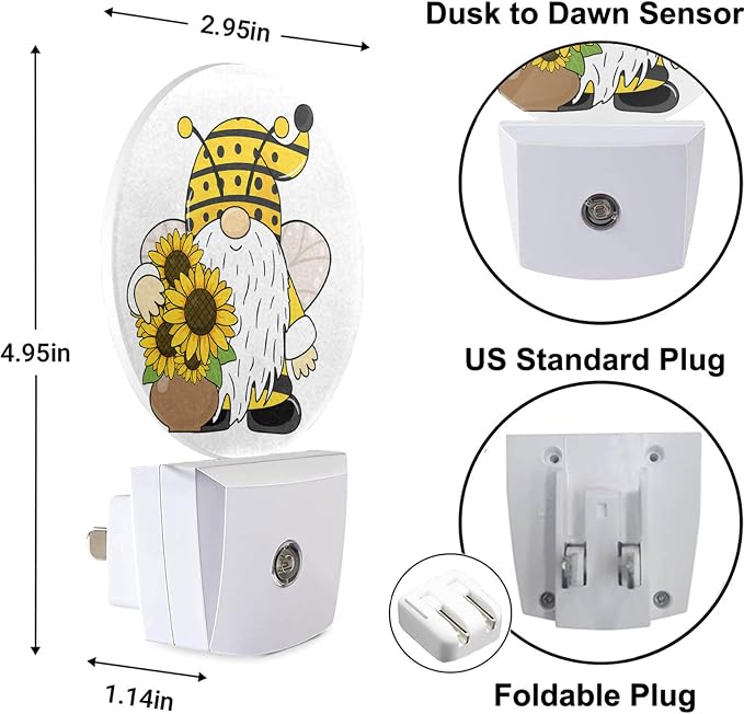 Gnome Night Lights Plug into Wall Summer Bee Gnome Sunflower Yellow Floral LED Dusk to Dawn Plug-in Nightlight Auto Sensor for Bedroom Bathroom Hallway Living Room