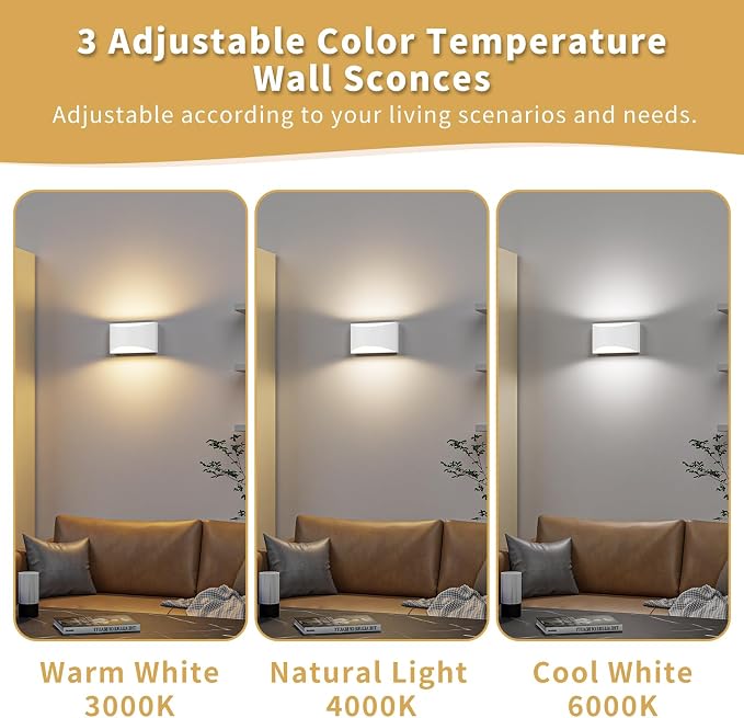 Black Modern LED Wall Sconce, 3 Colors Indoor Wall Lights, 10W Hardwired Up and Down Aluminum Wall Mount Lamp for Bedroom Living Room Hallway Corridor (White, 6 Pack)