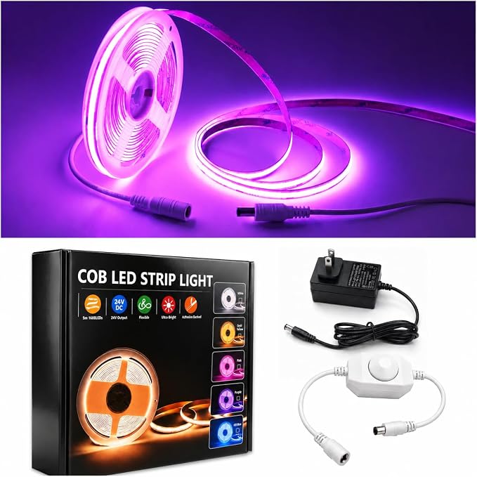 LED Strip Lights 24V COB Purple Dimmable LED Lighting16.4ft (Kit) | Super Bright, Dotless High Density 7.2W/m, 8mm Width Cuttable Flexible, Home DIY Commercial Decoration