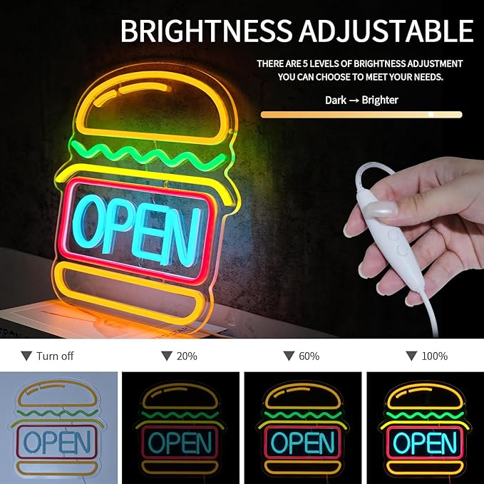 Burgers Open Neon Sign for Wall Decor Dimmable Hamburger Led Lights Signs Open Signs for Business Food Neon Light Room Decor for Bar Party Snack Shop Restaurant Gift USB Powered