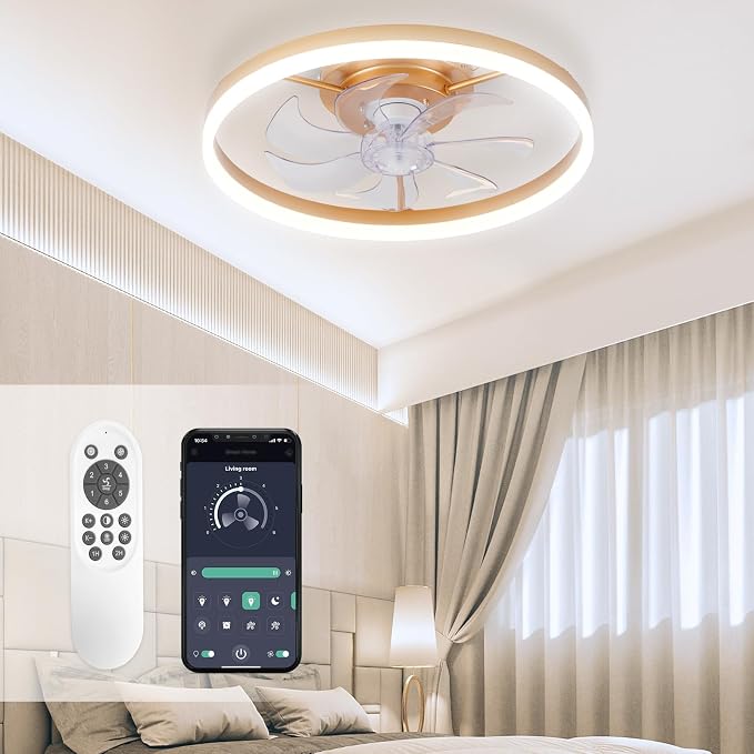 Modern Gold Ceiling Fans with Lights,20" Dimmable Flush Mount Low Profile Ceiling Fans with Remote Control,Indoor Smart Ceiling Fan with Light for Bedroom