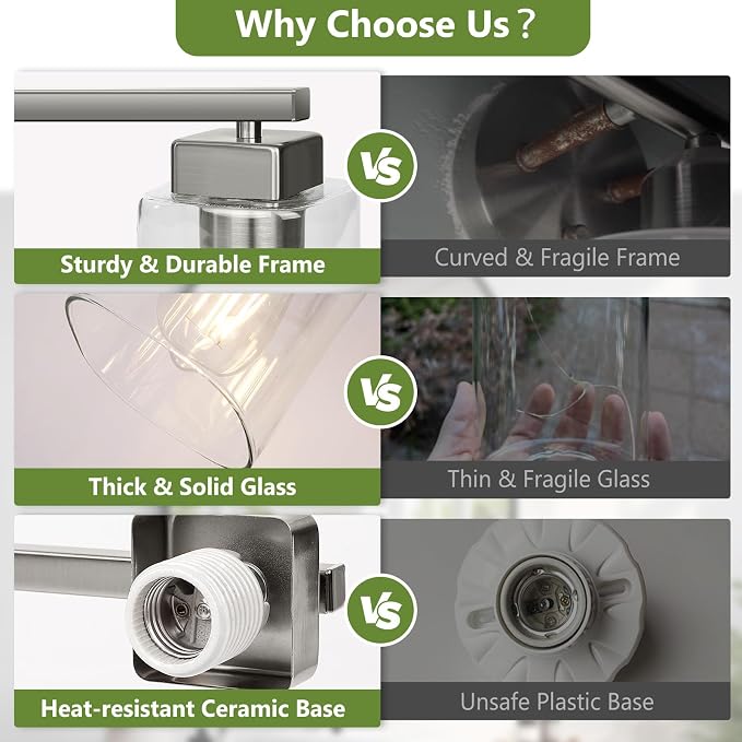 19” Bathroom Light Fixtures, 3-Light Vanity Light Brushed Nickel | Square Clear Glass & Durable Metal, Quick & Easy Installation, Standard E26 Socket, Bright Bathroom Lighting
