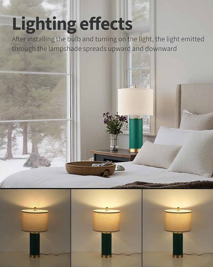 KDG 23.4" Green PU Leather Table Lamps for Living Room Set of 2, 3 Level Brightness LED Modern Home Decor Fabric Lampshade Desk Lamp Lighitng for Bedroom, Bedside, Farmhouse, Nightstand, Night Light