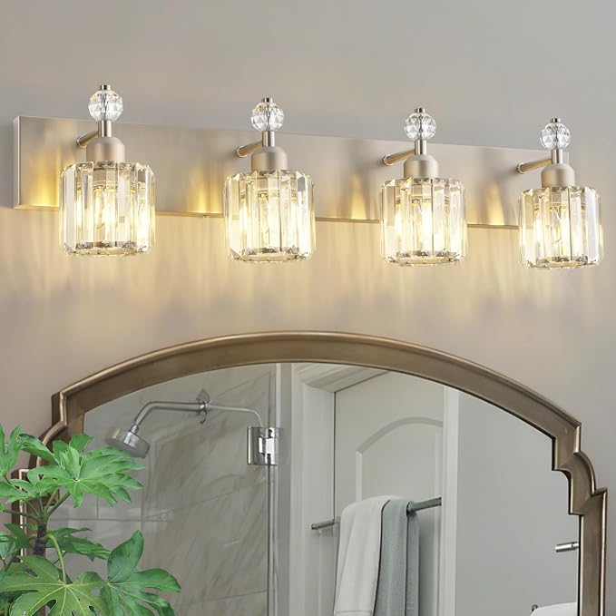 PRESDE 4-Light Brushed Nickel Vanity Light,Crystal Modern Bathroom Light Over Mirror,Wall Lighting Over Mirror Fixture