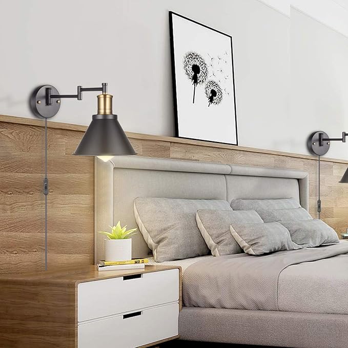Wall Lamps, Swing Arm Wall Lamp Wall Sconce 2-Pack Plug in Cord with Switch,Vintage Barn Wall Light Bronze Black Lamp Lobby, Hallway, Kitchen, Dining Room, Restaurant, Café