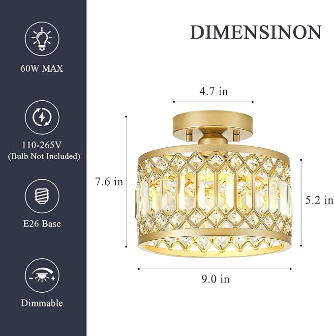 Pevfah Crystal Gold Ceiling Light, 1-Light Semi Flush Light Fixture, 9 Inch | Flush Mount Hallway Chandelier, Small Light Fixture Ceiling Mount, Modern Ceiling Lamp for Entryway Closet, Bulb Not Included