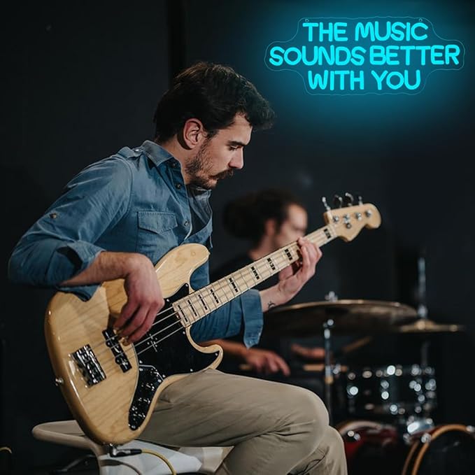 "The Music Sounds Better With You" Neon Sign Music Neon Light for Wall Decor Letter LED Neon Sign Blue Led Neon Light for Bedroom Studio Record Shop Decoration