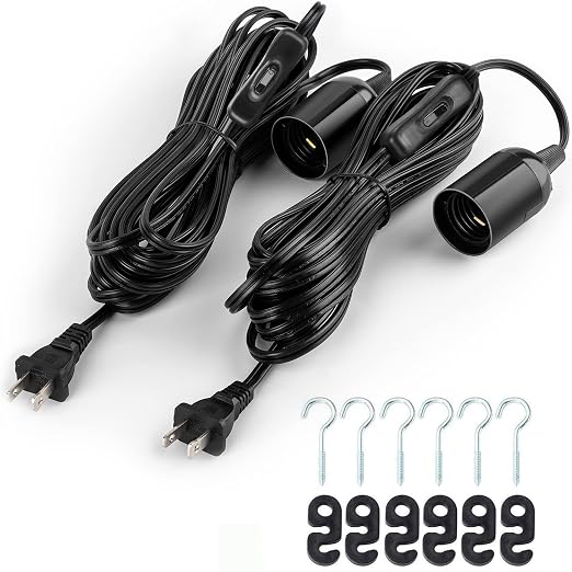 JACKYLED UL-Listed 20Ft Extension Hanging Lantern Cord Cable 2-Pack Black | 360W with E26 E27 Socket On/Off Button Pendant Lighting