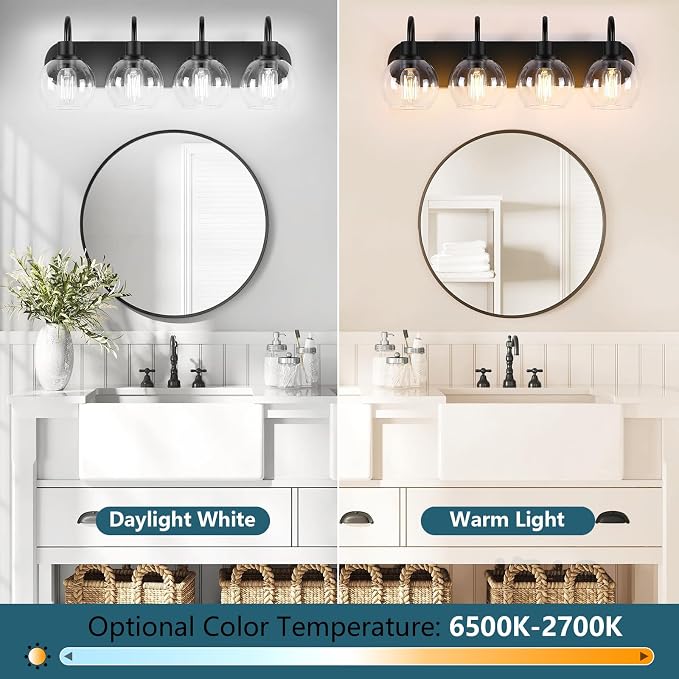 Dpyrrhic Industrial Bathroom Vanity Light， 4-Light Bathroom Lights Over Mirror with Clear Glass Globe Shade and Metal Base, Matte Black Bathroom Vanity Light Fixture