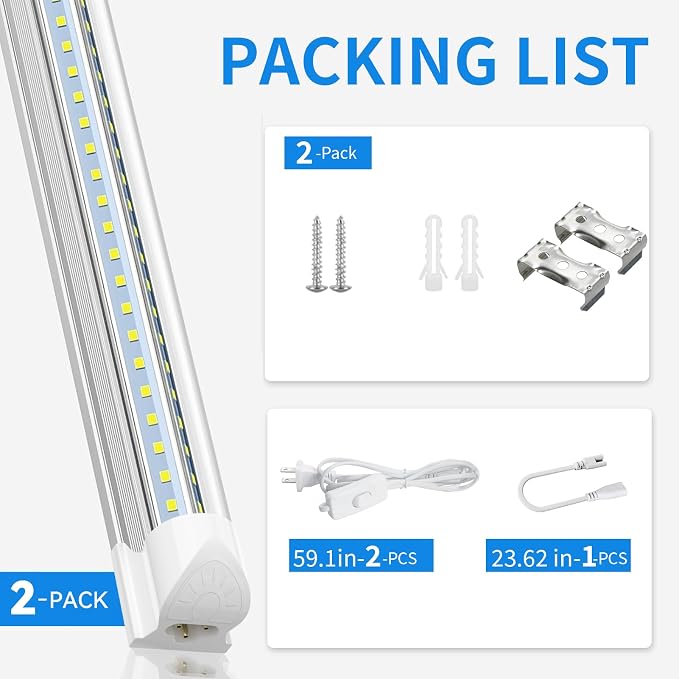 SHOPLED LED Shop Lights 4FT, 45W 6300LM 6000K Cool White, V-Shape Linkable | 4 Foot T8 Integrated LED Tube Light, 4 ft Shop Lights for Workshop, Basement, Workbench, Plug and Play, ETL Listed, 2-Pack