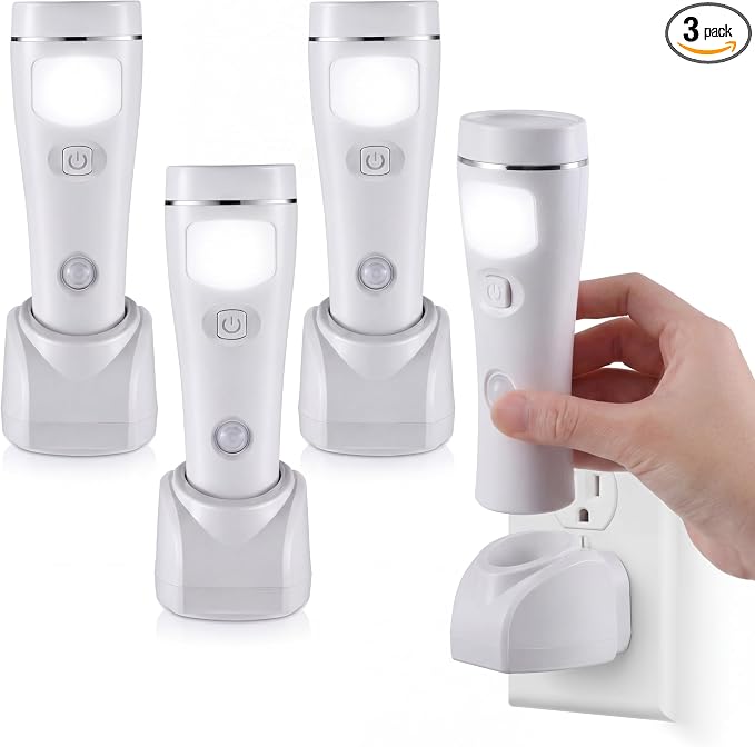 Enhon 3 Pack 4 in 1 LED Emergency Lights for Home Power Failure,White | Rechargeable plug-in flashlight, motion sensor night light, auto turn-on during blackout, hurricane supplies
