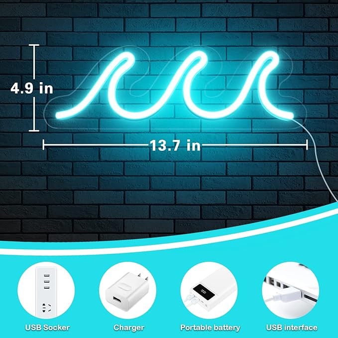 Wave Neon Signs for Bedroom, Ice Blue LED Neon Signs for Wall Decor, Night Lights USB Powered with Dimmer & Switch, Tropical Decor for Living Room, Bar, Dorm, Birthday Gift, Wedding Party