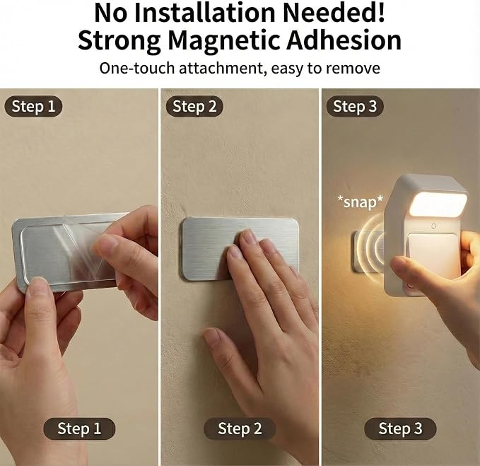 Rechargeable Night Light Wall Sconces, Battery Powered Bedside Table Lamp, 1200mAh Cordless Magnetic Stick on LED, Dimmable 3 Colors, Portable Reading, Dorm, Push Button