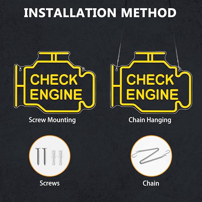 Check Engine Neon Signs for Wall Decor, Garage Led Neon Light Sign for Man Cave Decor, Funny Gifts for Dad & Car Guys, Mechanics, Auto Repair Shop, Workshop, Garage Decor, USB Powered